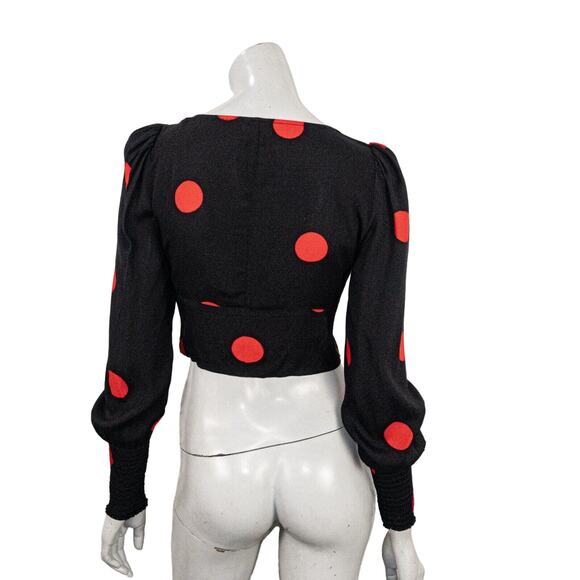 REFORMATION Women's Black Red Polka Dot Cropped Blouse Size 2 - Picture 5 of 9